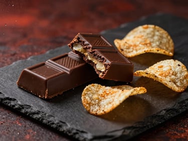 Gourmet chocolate bar broken in half and premium potato chips on a dark slate surface, warm moody lighting