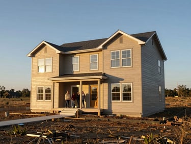 Completed prefab home exterior on a plot of land, residents standing on the front porch in natural daylight, golden hour light on the facade, wide shot showing the full building and surrounding land