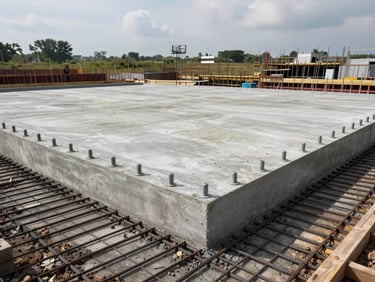 Construction site showing freshly poured concrete foundation slab with anchor bolts in place, overcast daylight, wide shot showing ground preparation and rebar grid before pour
