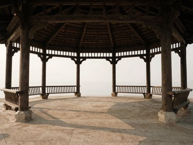 Wide environmental shot of a timber-framed public pavilion, human scale visible through soft silhouettes, diffused daylight, earthy tones.
