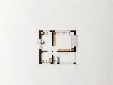 High-contrast architectural plan of a community health clinic, minimalist lines, clean white space, warm neutral paper texture.