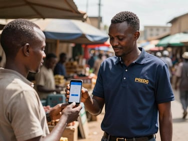 Active outdoor market in Nairobi, a field representative wearing a professional branded polo shirt demonstrating a mobile payment app to a local merchant, natural sunlight, sharp focus.