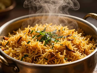 Steaming pot of Malabar biryani being opened, showing layers of yellow rice and herbs, warm golden light, editorial style