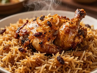 Close-up of a portion of mandi rice with roasted chicken, steaming hot, garnished with fried onions and raisins, warm indoor lighting, shallow depth of field