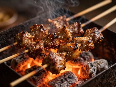 Close-up of skewered kebabs grilling over glowing charcoal embers, sparks rising, warm low-key light, rich textures