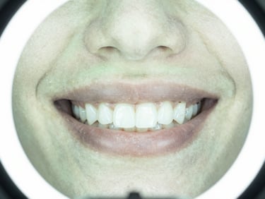 Bright editorial close-up of a balanced smile line, showing an asymmetrical gumline on the left and a harmonious laser-contoured gumline on the right. Soft focus, natural daylight, crisp green and white tones.