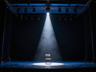 Wide environmental shot of a black-box theater stage, a single tight spotlight cutting through darkness onto an empty chair at center stage, the surrounding rig visible overhead with cold blue wash, cables and bar hardware in sharp silhouette against the dark ceiling