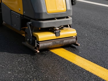 Close-up of a heavy-duty road striping machine applying a crisp, wet yellow thermoplastic line on textured black asphalt, bright morning light casting sharp shadows.