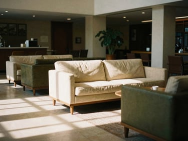 Moody hotel lobby with natural light casting long shadows on mid-century furniture, warm cream and deep olive tones, 35mm film look.