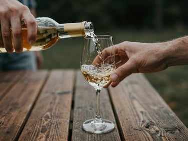 Close-up of hands pouring golden natural wine into a delicate glass on a rustic wooden table, soft evening light.