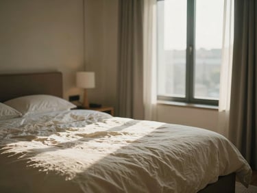 A minimalist hotel bedroom with rumpled linen sheets in warm cream, soft morning sun streaming through a tall window.