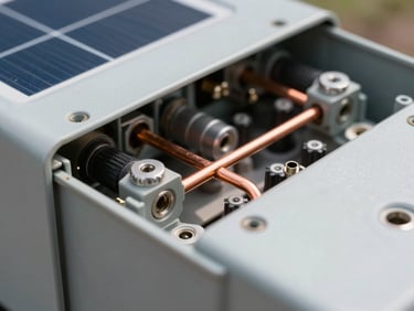 Direct daylight close-up of a solar combiner box with open panel showing fused string inputs and copper busbar, precise mechanical assembly detail visible