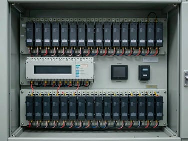Direct daylight photograph of a SCADA control enclosure interior with DIN-rail mounted PLCs and labeled wiring, shot straight-on to show component layout and labeling detail