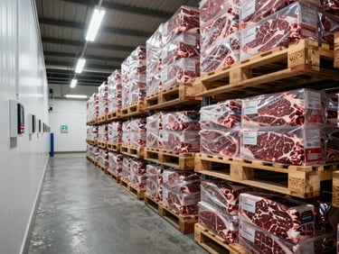 Wide documentary shot of a refrigerated warehouse interior, pallets of boxed beef stacked on racking systems under cool fluorescent industrial lighting, temperature monitoring panels visible on the left wall, no people