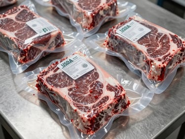 Extreme close-up overhead study of export-grade beef cuts in vacuum-sealed packaging on a stainless steel processing table, studio strobe lighting, USDA inspection labels visible, cold white light, no human hands