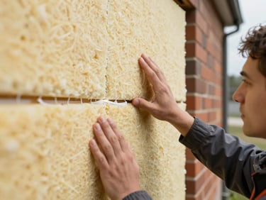 Environmental close-up of a technician pressing rigid mineral wool insulation board against an exterior wall, natural daylight from the side, insulation seam and adhesive visible, brick substrate behind