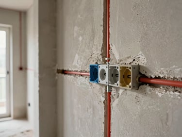 Close-up of an electrical rough-in in a newly plastered wall, conduits and junction boxes neatly routed before closing, natural daylight from an adjacent doorway
