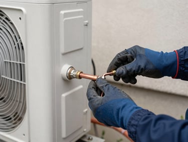 Close-up of a heat pump outdoor unit being connected to copper refrigerant pipes by a technician's gloved hands, natural daylight on a rendered exterior wall, tools visible nearby