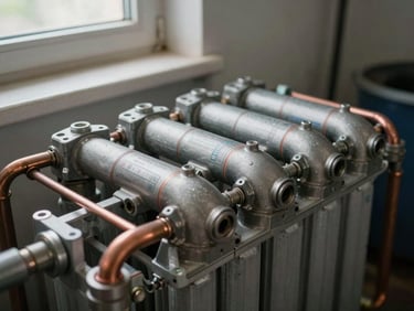 Close-up of a new radiator circuit manifold with labelled zones and copper feeds, installed in a utility room, natural side light from a small window