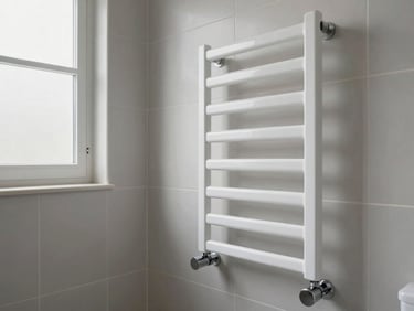 Environmental wide shot of a finished bathroom with new heated towel rail and fresh tiling, natural daylight from a frosted window, no people, clean grout lines visible in close detail
