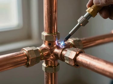 Close-up of copper pipe connections being soldered in a technical plumbing rough-in, flux residue visible on joints, warm workshop light from a nearby window