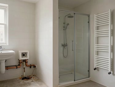 Wide environmental shot, natural daylight — left half shows a cold tiled bathroom with exposed and corroded pipes, right half shows the finished renovation with new walk-in shower, wall-mounted radiator towel rail and visible pipe connections in copper neatly routed. Real jobsite documentation, no lifestyle staging.