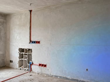 Wide environmental shot, natural daylight — left half shows a mid-renovation electrical rough-in with conduit and junction boxes exposed in a stripped wall, right half shows the finished insulated wall with a thermal camera reading overlaid showing uniform cold-colour surface temperature. Documentary framing, no staging.