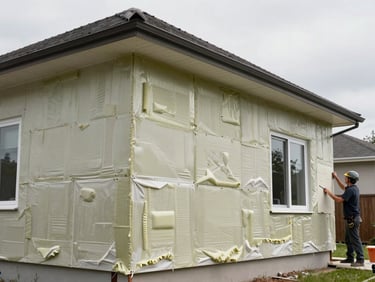 Wide environmental shot of a house exterior mid-insulation work, rigid insulation panels fixed to the facade with a worker in the background applying adhesive, overcast natural daylight