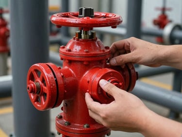 Industrial technical photography of hands checking a red hydrant valve in a modern facility, sharp macro focus, 35mm