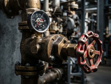 Macro close-up of a brass hydrant valve with a pressure gauge, high contrast industrial lighting, safety red accents, sharp focus, 35mm