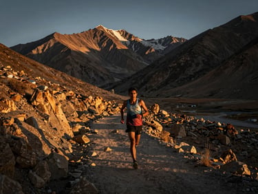 Elite runner on a high-altitude mountain path in Ladakh, dramatic golden hour sunlight, sharp focus