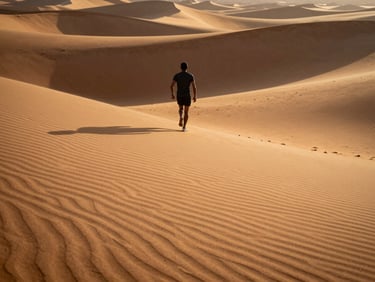 Low-angle shot of a runner crossing pristine sand dunes in Rajasthan, long shadows, crisp desert light