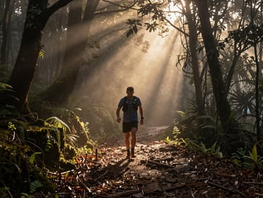 Trail runner navigating a misty forest path in the Western Ghats, dramatic shafts of morning light