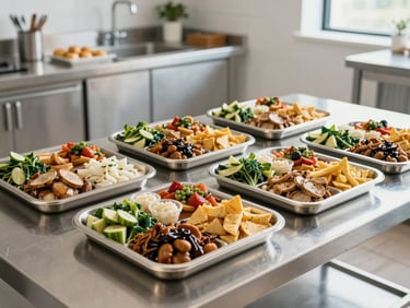 Wide-angle commercial food photography, bright clean kitchen plating station, stainless steel counters, beautifully arranged executive lunch trays.