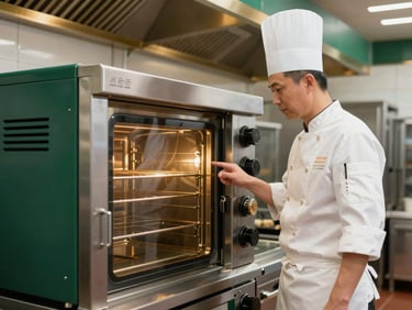 Professional chef in immaculate white uniform and apron carefully inspecting high-tech convection ovens in a massive, gleaming industrial kitchen.