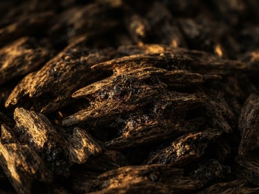 Macro close-up of dark resin-soaked agarwood chips, warm golden-hour side-lighting, deep shadows, rich woody textures
