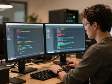 Cozy indoor agency environment with a technician analyzing server code on dual monitors, warm monitor glow, shallow depth of field, 35mm editorial photography