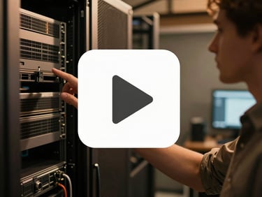 Video placeholder showing a technician pointing at a server rack, warm indoor lighting, overlay play icon, 35mm editorial photography