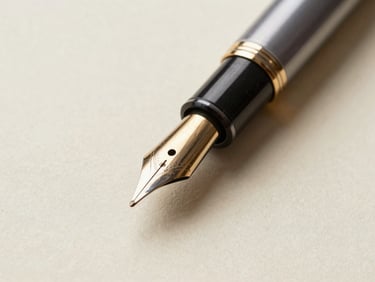 Macro close-up of a high-quality fountain pen resting on heavy, textured cream paper, soft side lighting, quiet luxury.