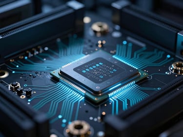 Macro shot of an illuminated high-end GPU chip on a circuit board, electric cyan trace lines, moody dark data center lighting, shallow depth of field.