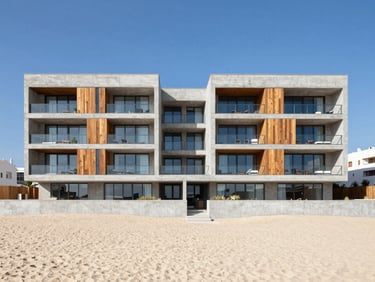 Modern luxury apartment in Aveiro center, minimalist concrete and wood exterior, bright daylight, 35mm