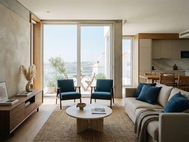 Elegant modern apartment interior in Aveiro, high-end architecture, bright natural coastal light, soft sand tones, 35mm photography