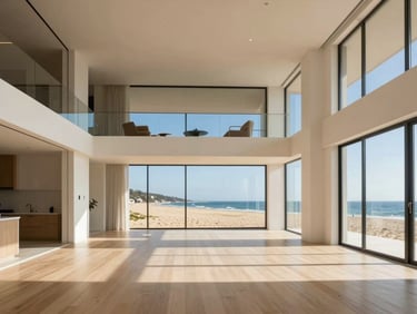 Sleek modern studio apartment, minimalist interior design, high-end finishes, warm lighting, architectural focus