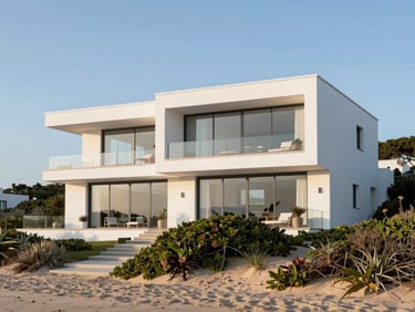 Contemporary villa near Praia da Barra, white walls, large glass windows, coastal vegetation, soft golden hour light