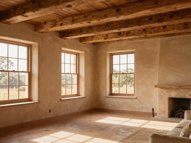 Warm editorial photo of a renovated historic living room, natural wood grain beams, soft sand plaster walls, large windows with golden daylight, 35mm lens