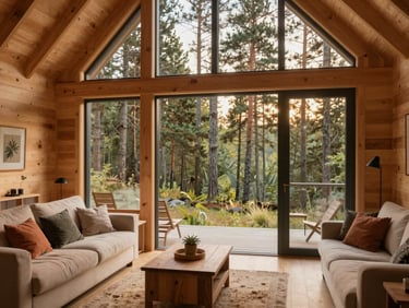 Medium-wide environmental shot of a modern timber cabin interior, large glass window framing pine trees, warm natural light, comfortable lived-in furniture