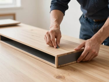 Handyman assembling modern furniture, clean workspace, warm indoor lighting, sharp depth of field