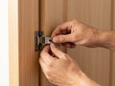 Close-up of a handyman's hands adjusting a door hinge, clean tools, warm indoor lighting, sharp depth of field