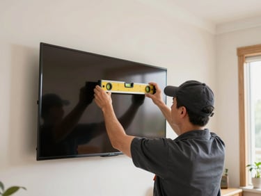 Handyman carefully mounting a flat-screen TV on a wall, level tool visible, clean residential interior, sharp depth of field