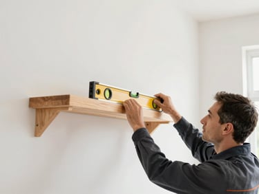 Handyman carefully using a level tool to install a wall-mounted shelf, bright natural daylight, clean residential interior